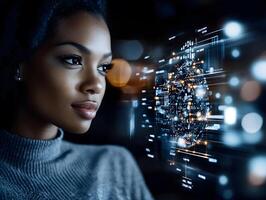 Futuristic woman analyzing digital interface with holographic data visualization photo