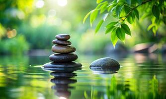Smooth stones in cool water, harmony of nature in the mirror of the river photo