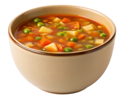 Warm vegetable soup served in a rustic ceramic bowl on a transparent background png