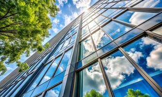 Treetops and the reflection of clouds on a high-rise office building photo