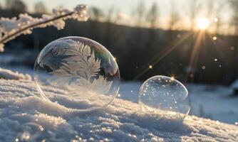 Soap bubbles in the cold. the art of nature in frozen drops of light photo