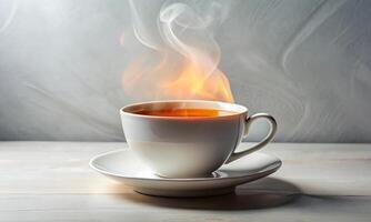 A white porcelain cup with hot tea stands on a minimalistic light background photo