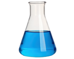 Laboratory flask filled with vibrant blue liquid solution on a transparent background png