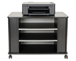 The printer placed on a black rolling cart with shelves on a transparent background png