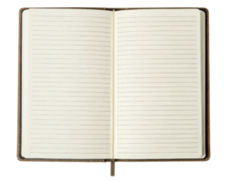 Open a notebook with blank lined pages for writing notes on a transparent background png