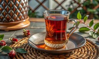 Fresh red tea in a narrow glass, against a background of dried flowers photo