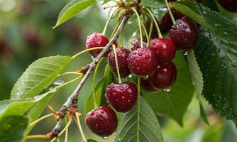 Dark red fruits on a branch. cherries as a valuable element of a balanced diet photo