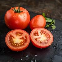 fresh red sliced tomatoes and basil leaves on a black rustic background. photo