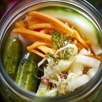 Pickled vegetables in a glass jar. Selective focus. Picles, carrots, cabbage, onions, garlic. Flat lay, selective focus. photo