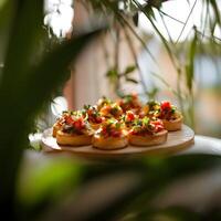 tasty appetizer canape on a wooden board in a restaurant. selective focus. photo