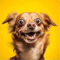 Cute chihuahua dog looking at camera on yellow background. photo