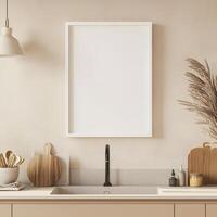 Mock up poster frame in modern kitchen interior. Scandinavian style, with beige walls, white countertops with built in sink and vertical mock up poster frame. Soft light photo