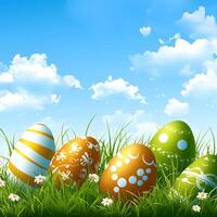 Easter eggs illustration background with eggs in grass and flowers. Blue sky background. background of blue sky with clouds. photo
