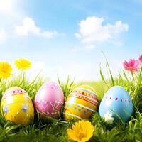 Easter eggs background with eggs in grass and flowers. Blue sky background. background of blue sky with clouds. photo