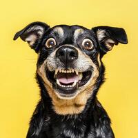 Portrait of a happy mixed breed dog with open mouth on yellow background. photo