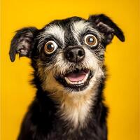 Portrait of a happy mixed dog breed dog with open mouth on yellow background. photo