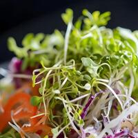 macro shoot Fresh microgreens sprouts in a black bowl on a wooden table. photo
