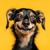Portrait of a cute black and tan chihuahua dog smiling on a yellow background photo
