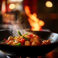 chicken stir fry with vegetables in a pan on the fire background. Selective focus. photo