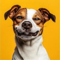 Portrait of a funny Jack Russell Terrier dog on a yellow background. Funny dog, selective focus. photo