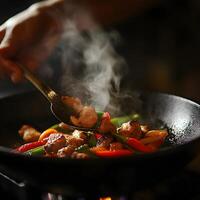 stir-fried chicken with vegetables in a wok on a dark background. Hand stir the food. Selective focus. photo