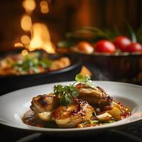 Chicken wings with vegetables on a white plate on a dark background in a restaurant. Selective focus. photo