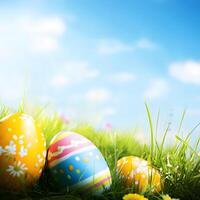 Easter eggs close up background with eggs in grass and flowers. Blue sky background. background of blue sky with clouds. photo