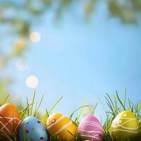 Happy Easter background with eggs in grass and flowers. Blue sky background. background of blue sky with clouds. photo