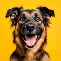 german shepherd dog. Portrait of a happy mixed breed dog on a yellow background. photo