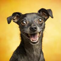 Funny black chihuahua dog portrait on a yellow background photo