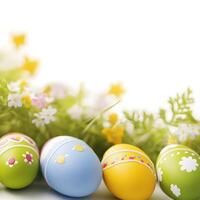Easter eggs and flowers on white background with copy space for text photo