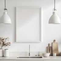 Mock up poster frame in modern kitchen interior. Scandinavian style, with beige walls, white countertops with built in sink and vertical mock up poster frame photo