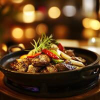 Braised meat with vegetables in a hot pot on a wooden table. Selective focus. photo