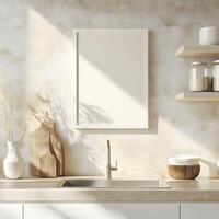 Mock up poster frame in modern kitchen interior with shadows. Scandinavian style, with beige walls, white countertops with built in sink and vertical mock up poster frame. photo