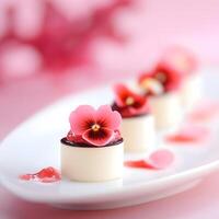 Delicious mini cakes with fresh pink viola flowers on a white and pink background, edible flowers. Macro close up, selective focus photo