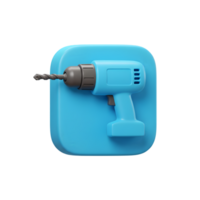 3D Render of a Blue Cordless Drill App Icon Design on a Square Button. Perfect for DIY or Construction Apps png