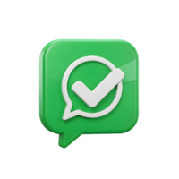 3D Render of a Green Check Mark Chat Bubble Icon Digital Communication Approved Message Confirmation Successful Transmission png