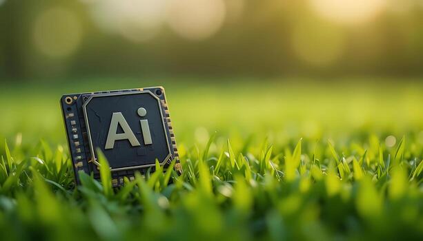 Black Ai chip on green grass background. cpu. AI Technology in Nature. AI Environment. artificial intelligence chip, Hardware, machine learning. advanced computing technology. photo