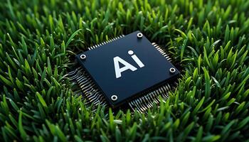 Black Ai chip on green grass background. cpu. AI Technology in Nature. AI Environment. artificial intelligence chip photo