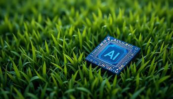 Blue Ai chip on green grass background. cpu. AI Technology in Nature. photo