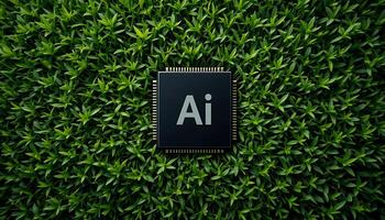 Black Ai chip on green grass background. cpu. AI Technology in Nature. AI Environment. artificial intelligence, Hardware, machine learning. advanced computing technology. digital innovation photo