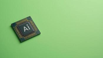Futuristic AI chip on green background. cpu. artificial intelligence chip, AI Technology, AI Hardware, machine learning. advanced computing technology. digital innovation, high-performance processing photo