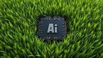 Black Ai chip on green grass background. cpu. photo