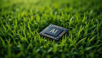 Black Ai chip on green grass background. cpu. AI Technology in Nature. AI chip Environment. artificial intelligence chip, Hardware, machine learning. advanced computing technology. photo
