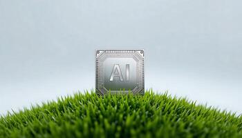 Silver Ai chip on green grass background. cpu. AI Technology in Nature. AI Environment. artificial intelligence chip, Hardware. advanced computing technology. digital innovation photo