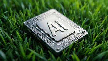 Silver Ai chip on green grass background. cpu. AI Technology in Nature. AI Environment. artificial intelligence chip, Hardware, machine learning. advanced computing. digital innovation photo
