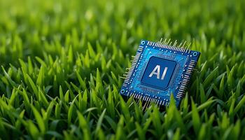 Blue Ai chip on green grass background. cpu. AI Technology in Nature. AI Environment. artificial intelligence chip, Hardware, machine learning photo