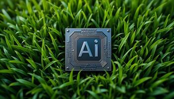 Silver Ai chip on green grass background. cpu. AI Technology in Nature. AI Environment. artificial intelligence chip, Hardware, machine learning. advanced computing technology. innovation photo