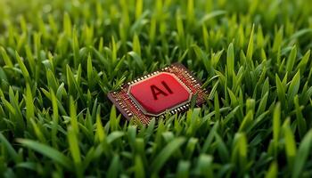 Red Ai chip on green grass background. cpu. AI Technology in Nature. AI Environment. artificial intelligence chip, Hardware, machine learning. advanced computing technology. digital innovation photo