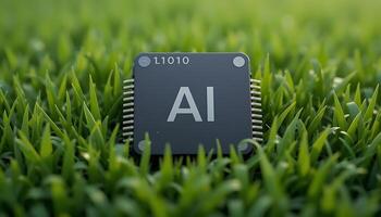 Black Ai chip on green grass background. cpu. AI Technology in Nature. AI Environment. artificial intelligence chip, Hardware, machine learning. advanced computing technology. innovation photo